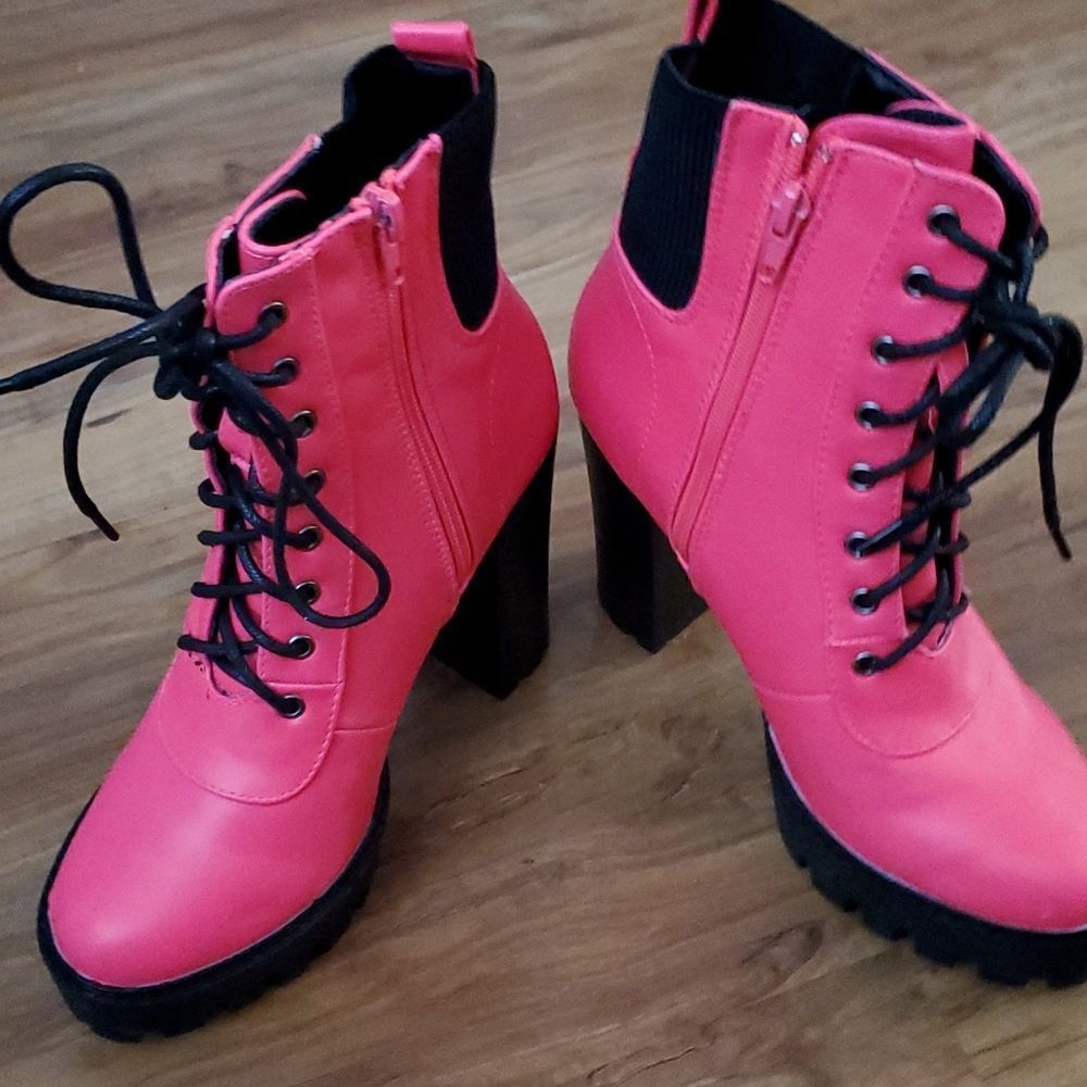 Yoki Pink Lug Laceup Booties